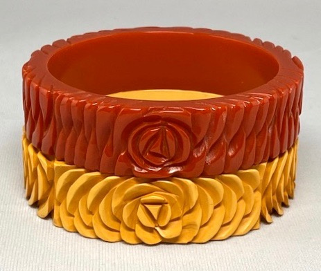 BB538 deep burnt orange or corn rosebud carved bakelite bangles